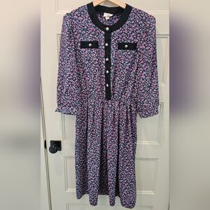 Vintage 1980s Silky Floral Three Quarter Sleeve Blouson Dress with Pleated Skirt